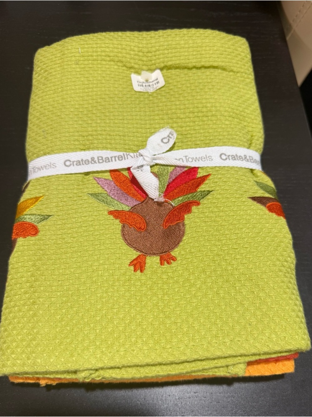 Crate&Barrel Waffle Weave Dish or Hand Towels with Embroidered Turkey Motif